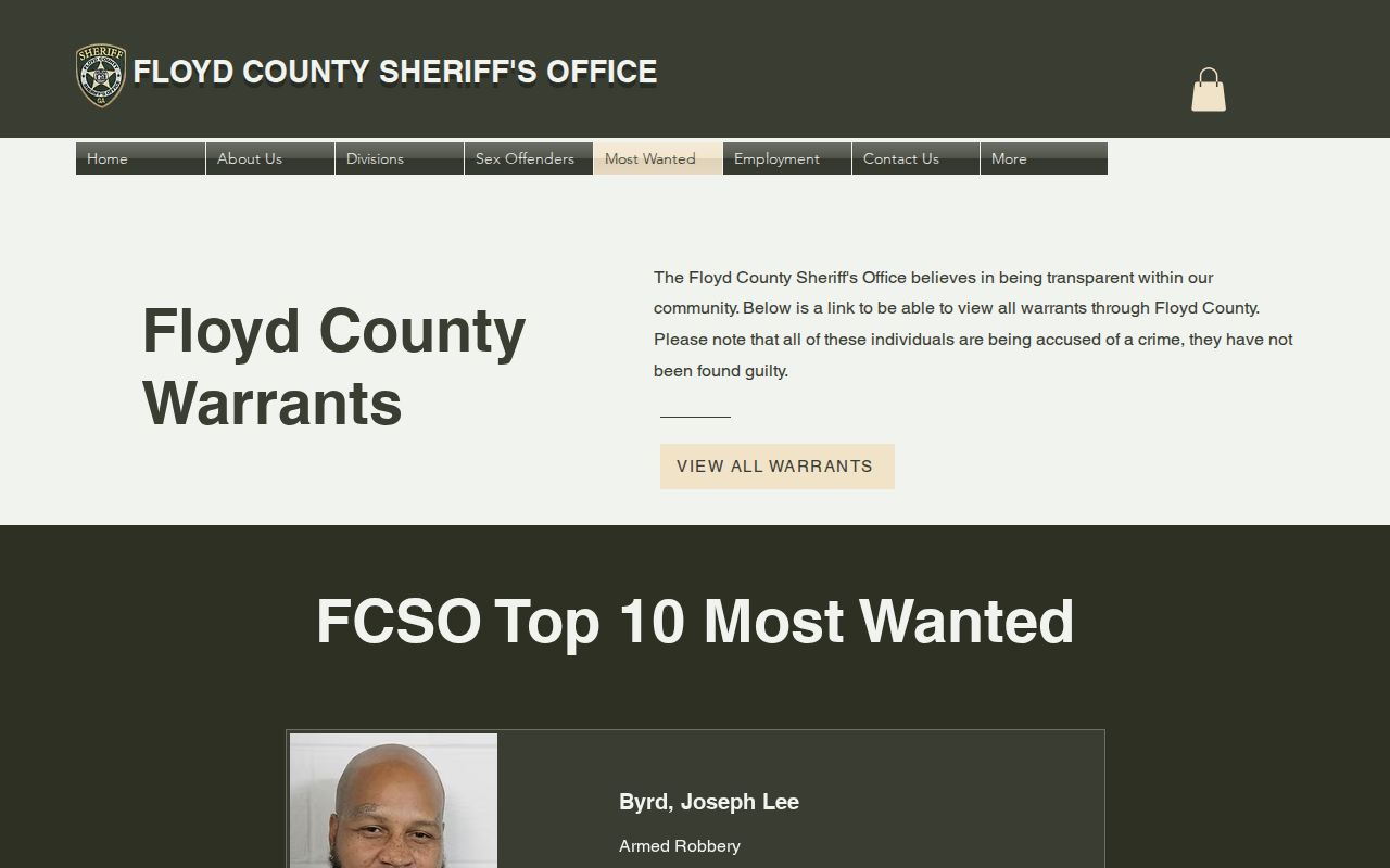 Floyd County most wanted warrant program header and legal caveat